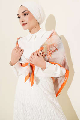 Çiçek Desen Twill Eşarp Oranj - Başörtüsü