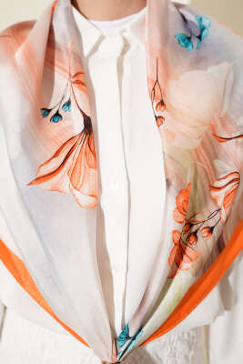 Çiçek Desen Twill Eşarp Oranj - Başörtüsü