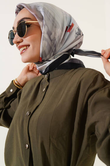Çiçek Desen Twill Eşarp Siyah - Başörtüsü