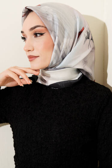 Çiçek Desen Twill Eşarp Siyah - Başörtüsü