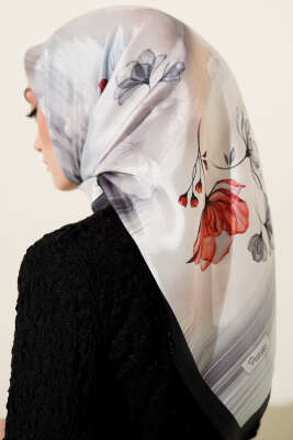 Çiçek Desen Twill Eşarp Siyah - Başörtüsü