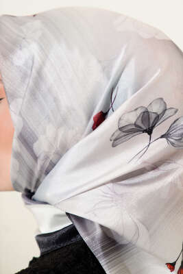 Çiçek Desen Twill Eşarp Siyah - Başörtüsü