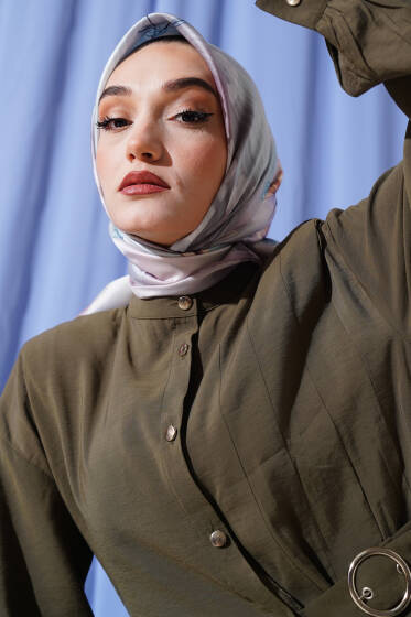 Çiçek Desen Twill Eşarp Vizon - Başörtüsü