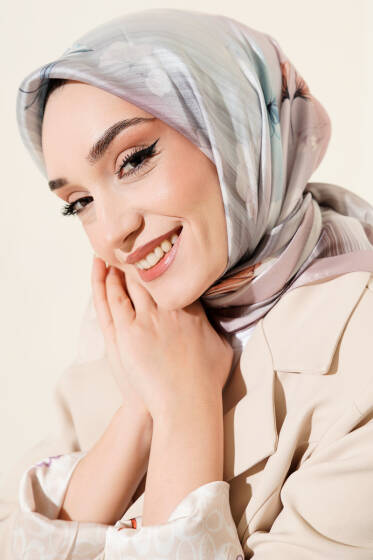 Çiçek Desen Twill Eşarp Vizon - Başörtüsü