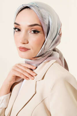 Çiçek Desen Twill Eşarp Vizon - Başörtüsü