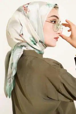 Çiçek Desen Twill Eşarp Yeşil - Başörtüsü