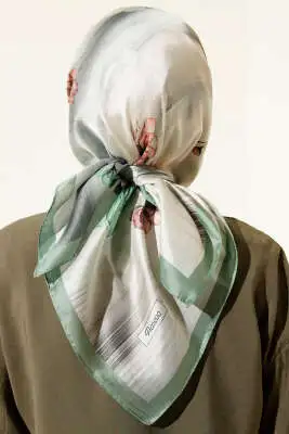 Çiçek Desen Twill Eşarp Yeşil - Başörtüsü