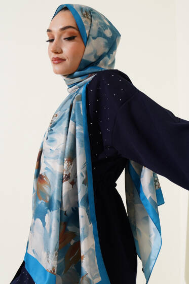 Çiçek Desen Twill Şal Mavi - Başörtüsü