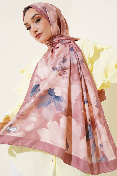 Çiçek Desen Twill Şal Soft Kahve - Başörtüsü