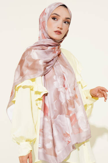 Çiçek Desen Twill Şal Vizon - Başörtüsü