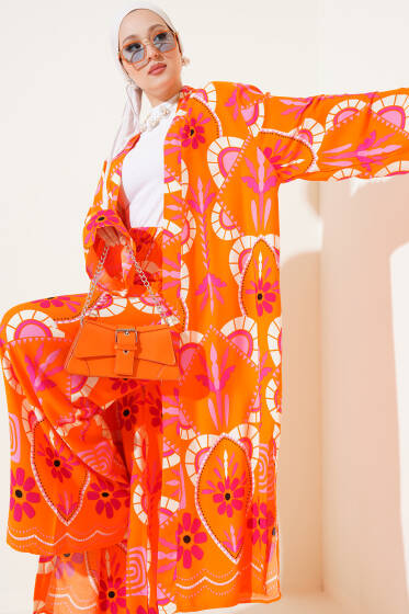 Çiçek Desen Uzun Kimonolu İkili Takım Oranj - İKİLİ TAKIM