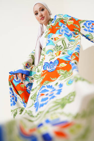 Çiçek Desen Uzun Kimonolu İkili Takım Saks - İKİLİ TAKIM