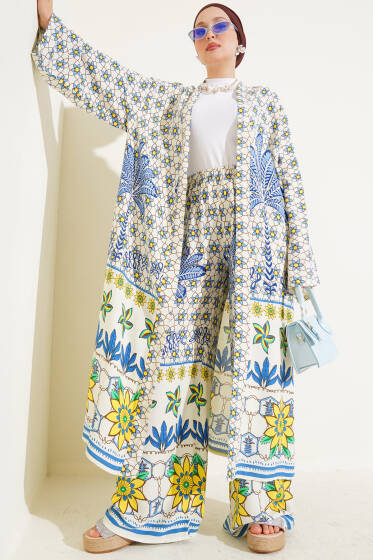 Çiçek Desen Uzun Kimonolu İkili Takım Sarı - İKİLİ TAKIM