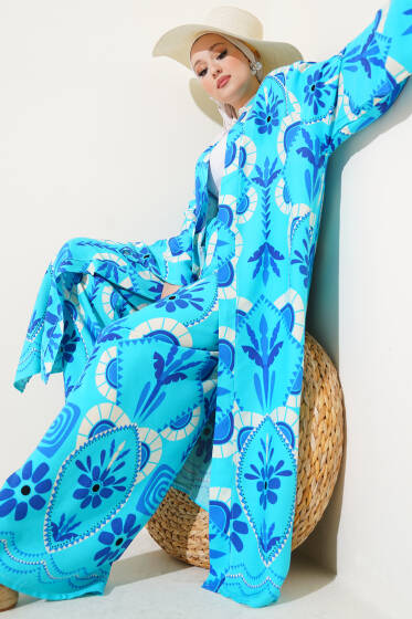 Çiçek Desen Uzun Kimonolu İkili Takım Turkuaz - İKİLİ TAKIM