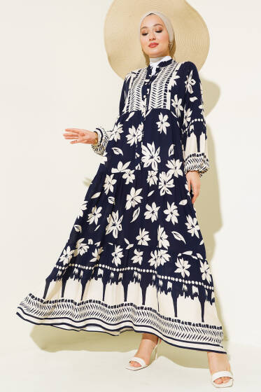 Çiçek Desen Yarı Patlı Elbise Lacivert - Elbise