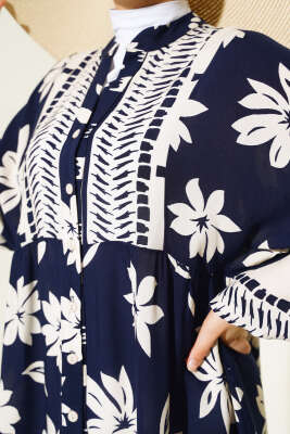 Çiçek Desen Yarı Patlı Elbise Lacivert - Tesettür Elbise