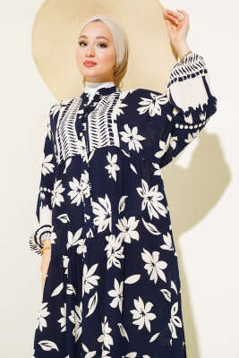 Çiçek Desen Yarı Patlı Elbise Lacivert - Tesettür Elbise