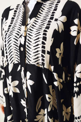 Çiçek Desen Yarı Patlı Elbise Siyah - Tesettür Elbise