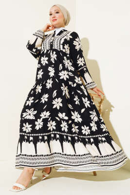 Çiçek Desen Yarı Patlı Elbise Siyah 