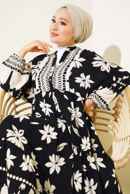 Çiçek Desen Yarı Patlı Elbise Siyah - Tesettür Elbise