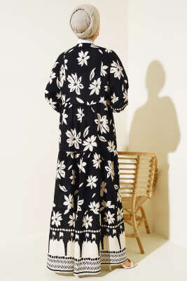 Çiçek Desen Yarı Patlı Elbise Siyah - Tesettür Elbise