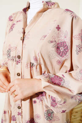 Çiçek Desen Yarım Düğmeli Kat Elbise Gül Kurusu - Tesettür Elbise