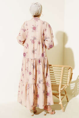 Çiçek Desen Yarım Düğmeli Kat Elbise Gül Kurusu - Tesettür Elbise