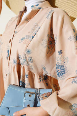 Çiçek Desen Yarım Düğmeli Kat Elbise İndigo - Tesettür Elbise