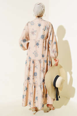 Çiçek Desen Yarım Düğmeli Kat Elbise İndigo - Tesettür Elbise