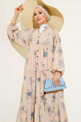 Çiçek Desen Yarım Düğmeli Kat Elbise İndigo - Tesettür Elbise