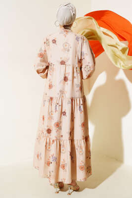 Çiçek Desen Yarım Düğmeli Kat Elbise Kahve - Tesettür Elbise