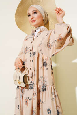 Çiçek Desen Yarım Düğmeli Kat Elbise Siyah - Tesettür Elbise