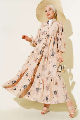 Çiçek Desen Yarım Düğmeli Kat Elbise Siyah 