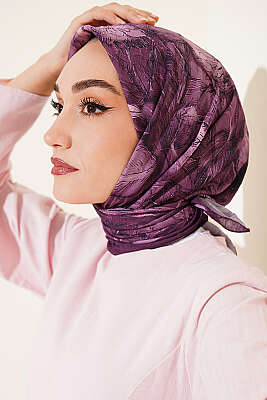 Çiçek Desenli Bambu Kraş Eşarp Magenta - Başörtüsü