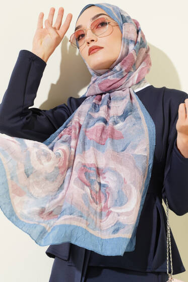 Çiçek Desenli Bambu Kraş Şal Bebe Mavi - Başörtüsü