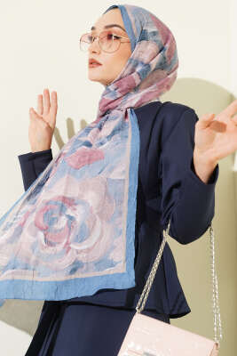 Çiçek Desenli Bambu Kraş Şal Bebe Mavi - Başörtüsü