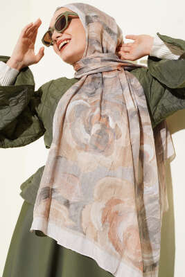 Çiçek Desenli Bambu Kraş Şal Bej 