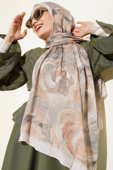 Çiçek Desenli Bambu Kraş Şal Bej - Başörtüsü
