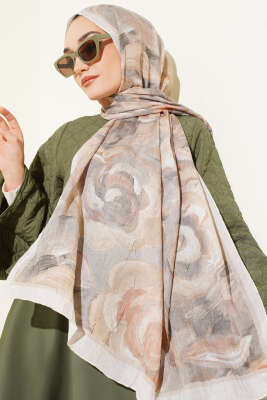Çiçek Desenli Bambu Kraş Şal Bej - Başörtüsü