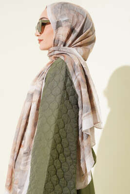 Çiçek Desenli Bambu Kraş Şal Bej - Başörtüsü