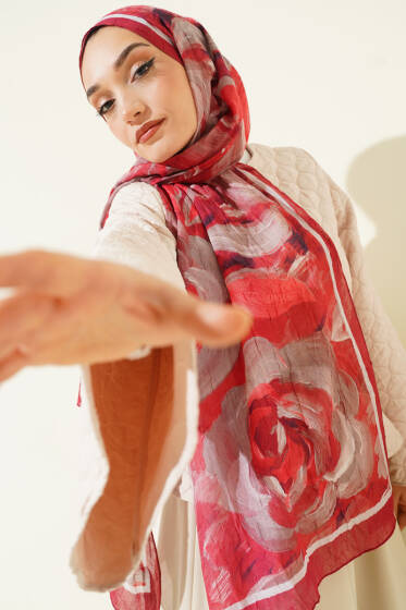 Çiçek Desenli Bambu Kraş Şal Bordo - Başörtüsü