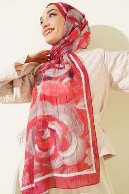 Çiçek Desenli Bambu Kraş Şal Bordo - Başörtüsü