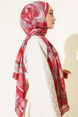 Çiçek Desenli Bambu Kraş Şal Bordo - Başörtüsü