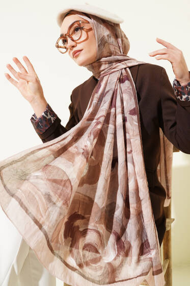 Çiçek Desenli Bambu Kraş Şal Camel - Başörtüsü