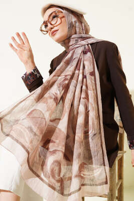 Çiçek Desenli Bambu Kraş Şal Camel - Başörtüsü