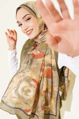 Çiçek Desenli Bambu Kraş Şal Haki 