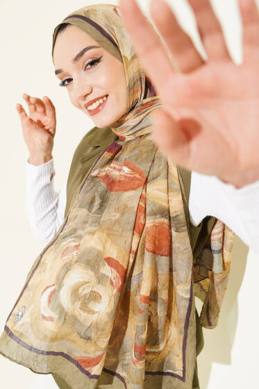 Çiçek Desenli Bambu Kraş Şal Haki - Başörtüsü