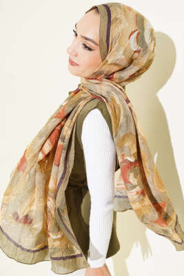 Çiçek Desenli Bambu Kraş Şal Haki - Başörtüsü