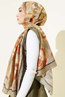 Çiçek Desenli Bambu Kraş Şal Haki - Başörtüsü