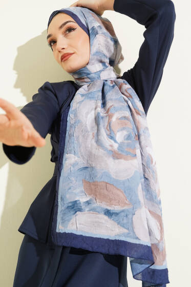 Çiçek Desenli Bambu Kraş Şal Lacivert - Başörtüsü
